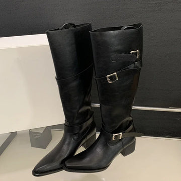 Xajzpa Winter Black Punk Round Toe Knee-High Women Boots Square Heels Buckle Strap Ladies Booties Shoes Zapatillas De Mujer